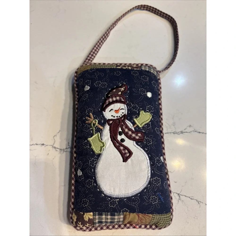 Vintage Snowman Pillow Door Hanger Quilted Blue White Maroon Green Winter